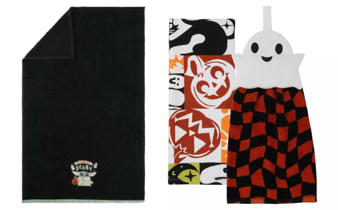 Star Wars Grogu Halloween Hand Towel and Halloween Ghost Tie Top Kitchen Towels 2 Pack