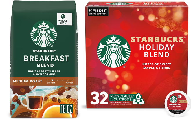 Starbucks Medium Roast Breakfast Blend Whole Bean Coffee and 32 Count Holiday Blend K Cup Pods