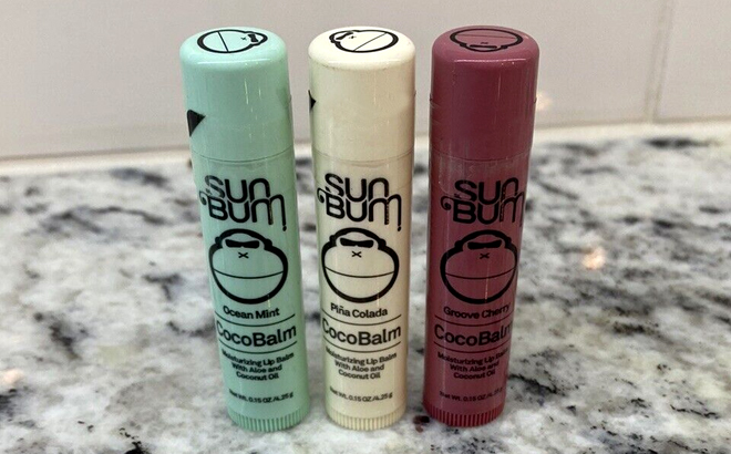 Sun Bum CocoBalm Lip Balm 3 Pack on a Countertop