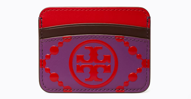 T Monogram Contrast Embossed CardCase in Wild Thistle Tory Red