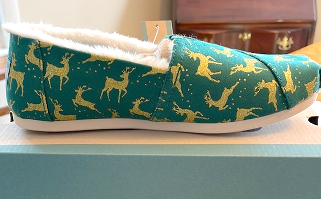 TOMS Girls Glitter Deer Alpargata Shoes on Top of the Box