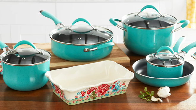 The Pioneer Woman 10 Piece Cookware Set in Turquoise Color