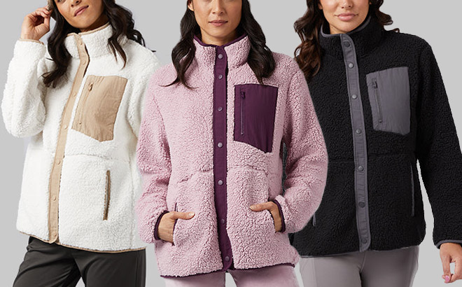 Three Colors of 32 Degrees Womens Cozy Sherpa Snap Jacket