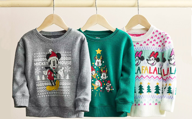 Three Disneys Mickey Mouse and Friends Toddler Holiday Crewneck Sweatshirts on Hangers 1