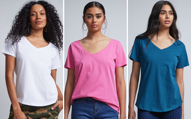 Three Women Wearing New York Company V Neck Perfect Tee in Different Colors