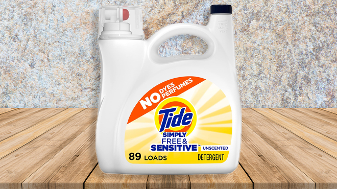 Tide Simply Liquid Laundry Detergent Free Sensitive 128 Oz 89 Loads on a Table