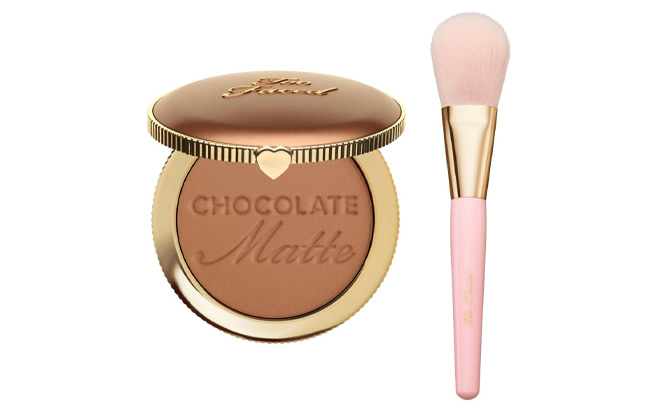 Too Faced Chocolate Matte Bronzer and Powder Brush Set on a Plain Background Too Faced Chocolate Matte Bronzer and Powder Brush Set on a Plain Background