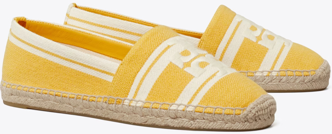 Tory Burch Double T Jacquard Espadrille on a Gray Background Tory Burch Double T Jacquard Espadrille on a Gray Background