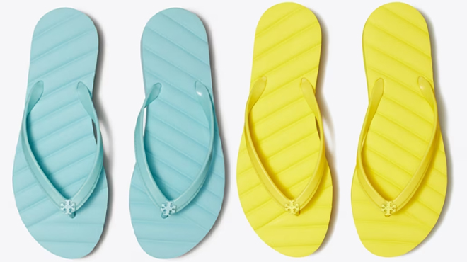 Tory Burch Kira Flip Flops in Blue and Yellow