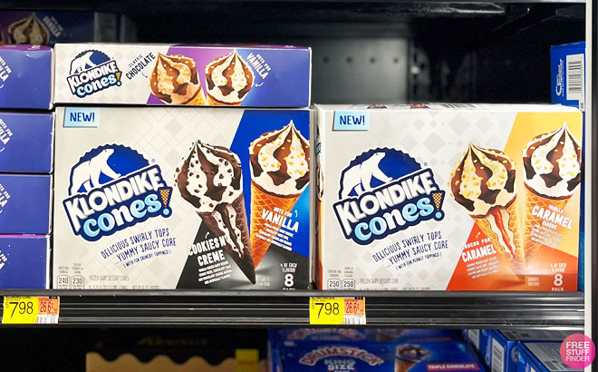 Two Different Flavors of Klondike Cones on a Store Shelf