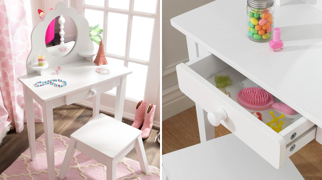 Two Images of KidKraft Medium Wooden Vanity and Stool