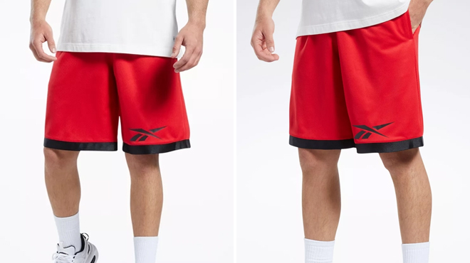Two Images of a Man Wearing Basketball Mesh Shorts in Red Color