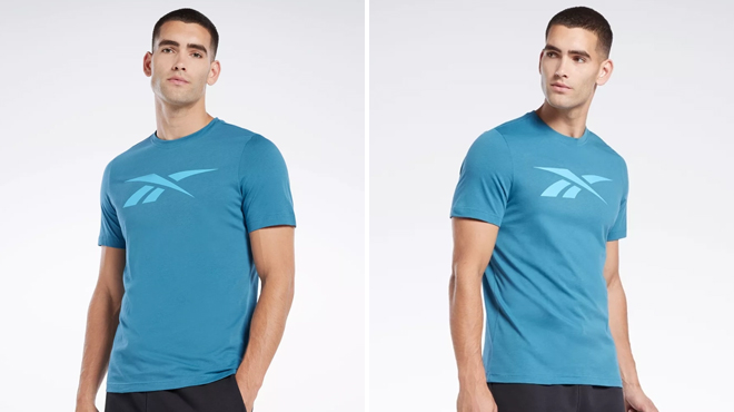 Two Images of a Man Wearing Reebok Graphic Series Vector T Shirt in Steely Blue Color