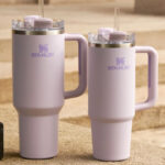 Two Stanley Quencher Tumblers in Orchid Color on Steps