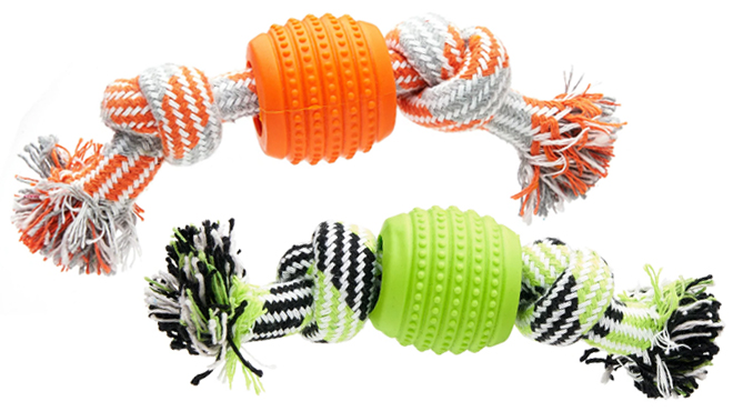Two Vibrant Life Double Dental Dog Rope Toys in Orange and Green Colors