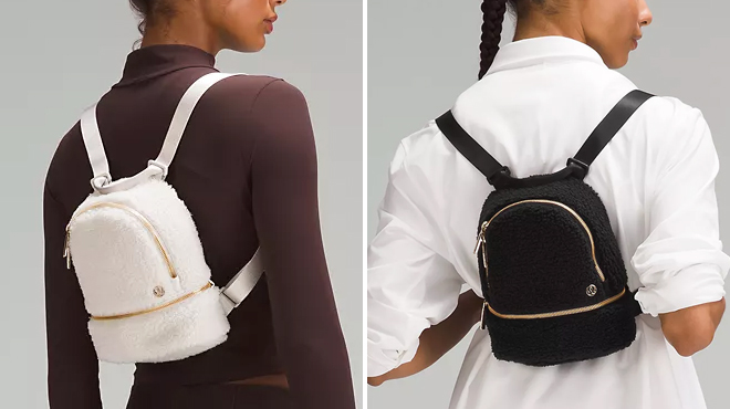 Two Women Wearing Lululemon Fleece Backpack in White on the Left and Black on the Right