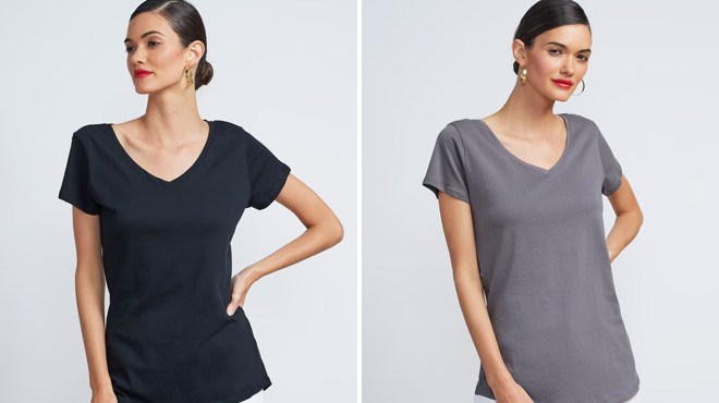 Two Women Wearing New York Company V Neck Basic Tee in Black on the Left and Grey on the Right