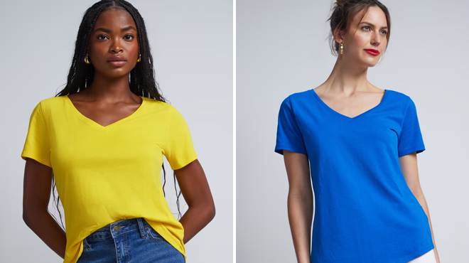 Two Women Wearing New York Company V Neck Perfect Tee in Yellow on the Left and Opera Blue on the Right