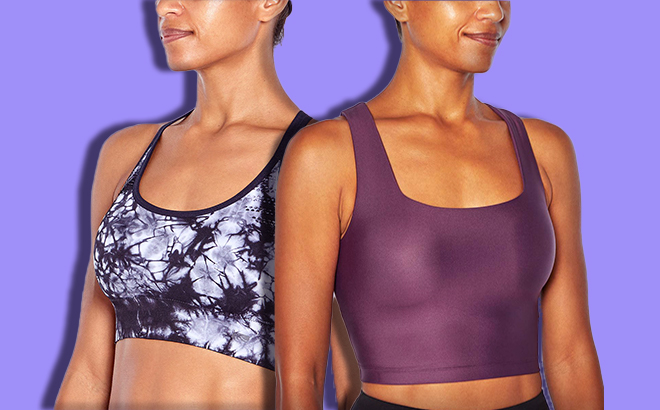 Two Women Wearing Zuiliy Sports Bras on a Lavender Background
