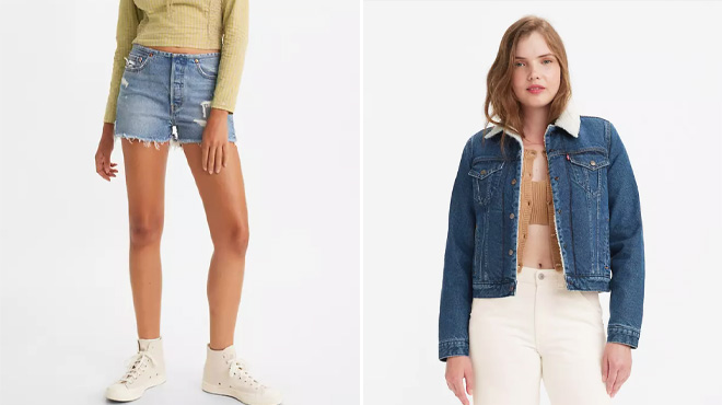 Two Women Wearing a 501 Mini Waist Shorts and an Original Sherpa Trucker Jacket