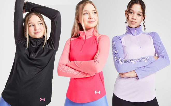 Under Armour Girls Tech Graphic Half Zip Tees in Different Colors