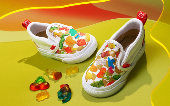 VANS x Haribo Toddler Slip On V Shoes Next to HAribo Gummies