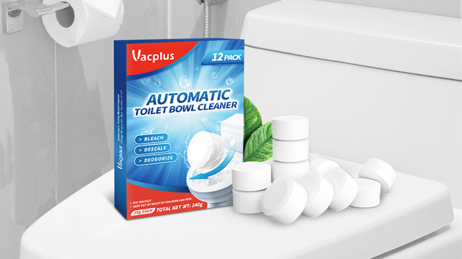 Vacplus Toilet Bowl Cleaner Tablets on top of a Toilet Bowl Lid