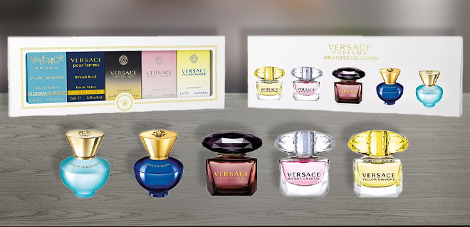 Versace Womens Mini 5 Piece Fragrance Gift Set on a Table