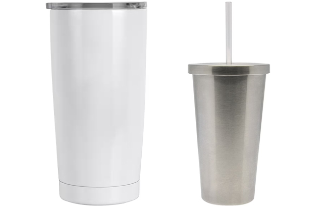 White Stainless Steel 18 5 Oz Tumbler and Stainless Steel 19 Oz Tumbler with Straw