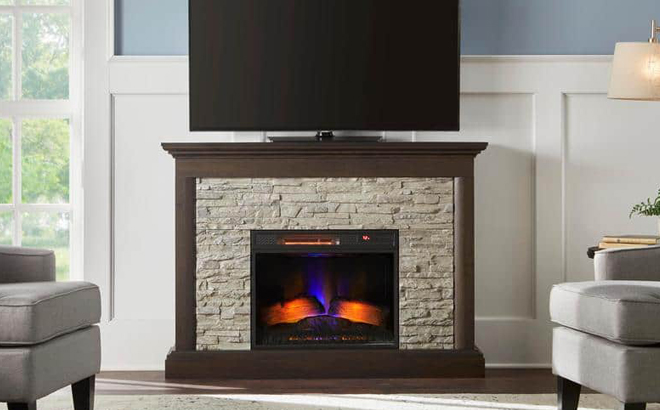 Whittington 50 Inch Freestanding Electric Fireplace in Brushed Dark Pine with Gray Faux Stone
