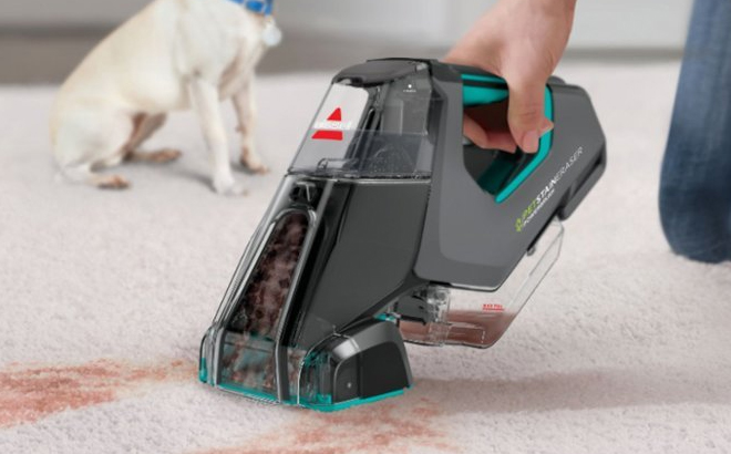 Woman Cleaning Carpet Stains with Bissell Pet Stain Eraser PowerBrush Deluxe Portable Carpet Cleaner
