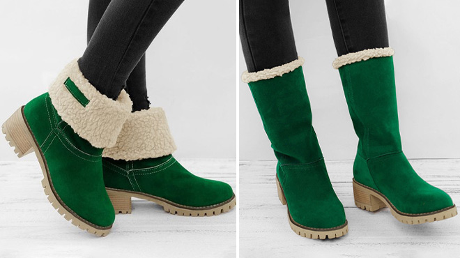 Woman Wearing Yasirun Plush Contrast Fold Down Boots in Green Color