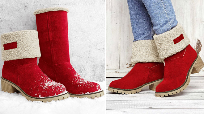 Woman Wearing Yasirun Plush Contrast Fold Down Boots in Red Color