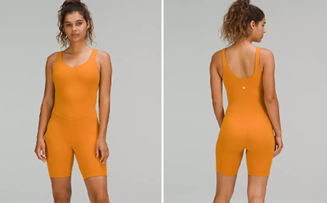 Woman Wearing a Lululemon Bodysuit in Autumn Orange Color