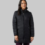 Woman is Wearing 32 Degrees Ultra Light Down Packable Jacket in Black Color