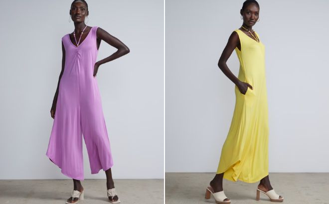 Woman is Wearing Beaded Halter Neck Jumpsuit in Violet Naples and Golden Daisy Color