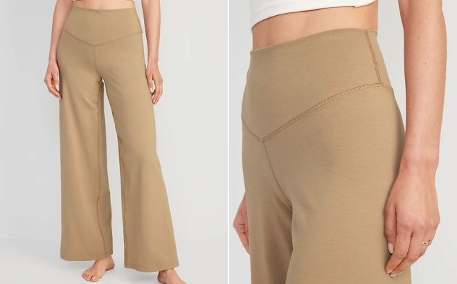 Woman is Wearing Extra Extra High Waisted Yoga Pants in Sliced Bread Color