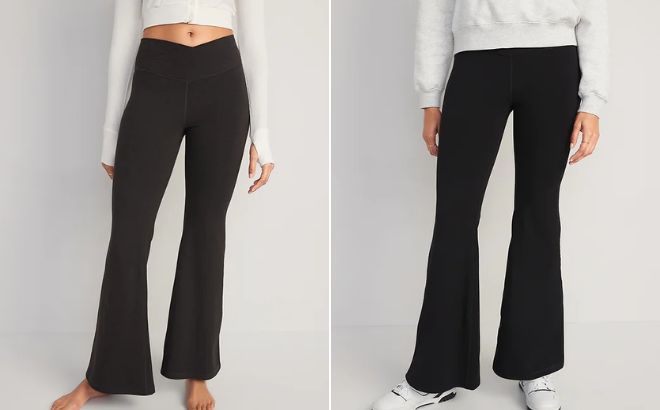 Woman is Wearing Extra High Waisted PowerChill Super Flare Pants in Carbon and Black Jack Color