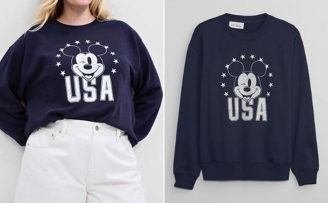 Woman is Wearing Gap Disney Mickey Mouse Relaxed Graphic Sweatshirt