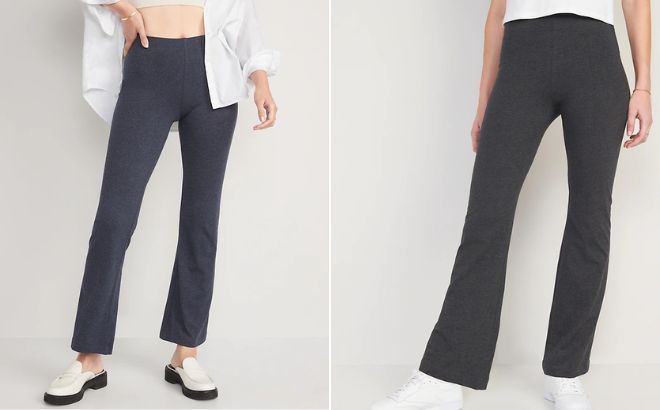 Woman is Wearing High Waisted Flare Leggings in The Navy and Dark Heather Gray Color