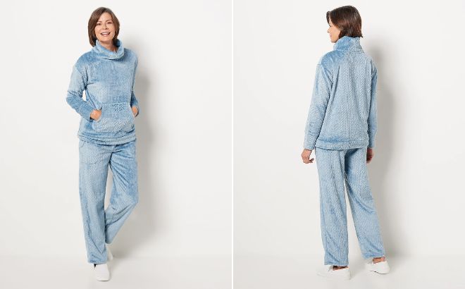 Woman is Wearing Koolaburra by UGG Cable Silky Plush Cowl Neck PJ Set in Citadel Color Woman is Wearing Koolaburra by UGG Cable Silky Plush Cowl Neck PJ Set in Citadel Color