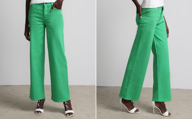 Woman is Wearing NY and Company High Waisted Dyed Wide Leg Jeans in Green Leaf Color