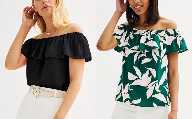 Woman is Wearing Nine West Ruffled Off the Shoulder Top in Black Color on the Left Side and in Script Leaves Style on the Right Side