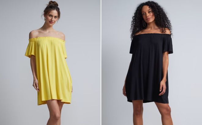 Woman is Wearing Off The Shoulder Knit Shift Dress in Jumping Yellow and Black Color