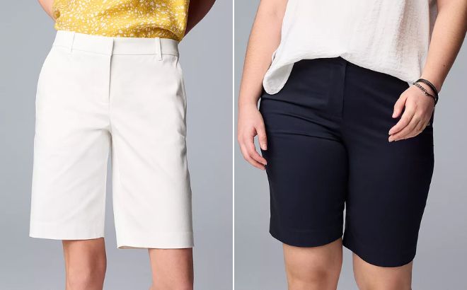 Woman is Wearing Simply Vera Vera Wang Mid Rise Functional City Shorts in Modern White Color on the Left Side and in Parmount Blue Color on the Right Side