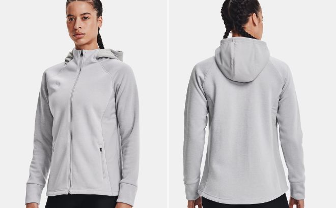 Woman is Wearing Under Armour Storm Swacket Team Jacket in Mod Gray Color
