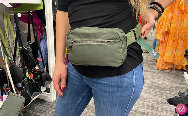 Woman is Wearing Wild Fable Fanny Pack in Olive Green Color