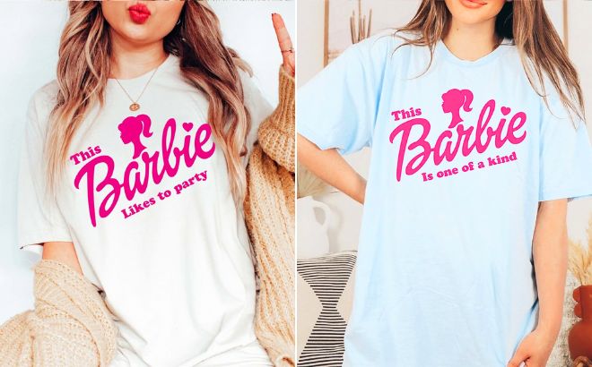 Woman is Wearing a Barbie Personalized Tee in White Color on the Left and in Light Blue Color on the Right