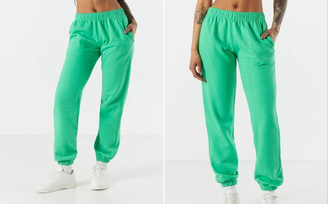 Woman is Wearing a Coloured Fleece Jogger in Green Color Woman is Wearing a Coloured Fleece Jogger