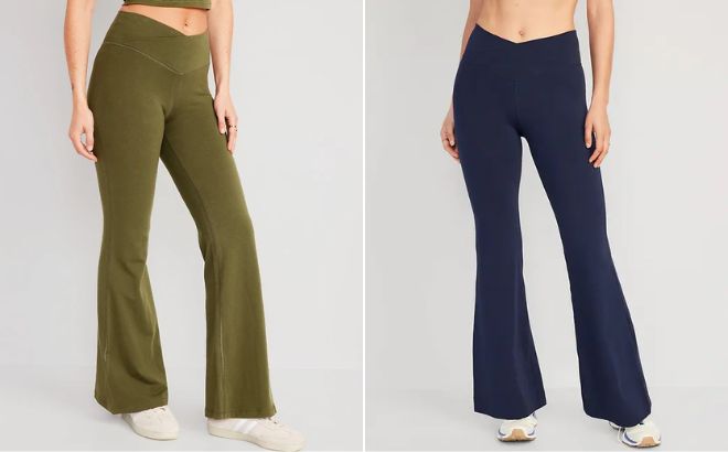 Woman is Wearing a Extra High Waisted PowerChill Super Flare Pants in Conifer Color on the Left Side and in the Navy Color on the Right Side
